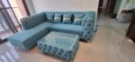 premium Chesterfield L-shape sofa in luxurious sky blue Fabric - Image 4