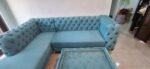 premium Chesterfield L-shape sofa in luxurious sky blue Fabric - Image 3