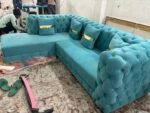 premium Chesterfield L-shape sofa in luxurious sky blue Fabric
