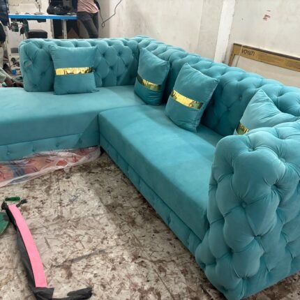 premium Chesterfield L-shape sofa in luxurious sky blue Fabric