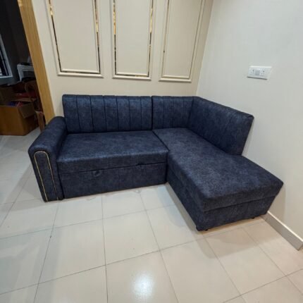 Modern L-Shape Sofa Cum Bed in Texture Blue Fabric